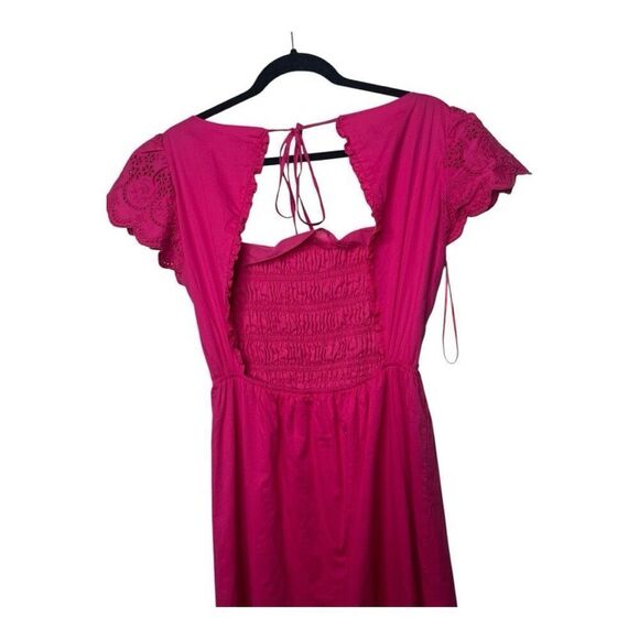 Jason Wu Magenta Smocked Cut Out Eyelet Lace MIDI Dress Size S Pink Tiered - Picture 8 of 12